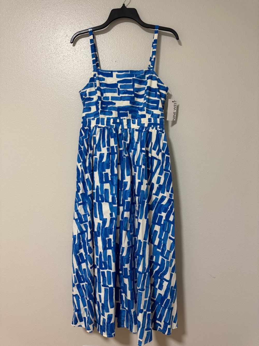 Nine West White Sundress with Blue Graphic Print, square neck A-line .